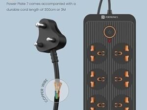 MOS Portronics Power Plate 7 with 6 USB Port + 8 Power Sockets Smart Electric Universal Extension Board Multi Plug with 2500W, 3Mtr Cord Length, 2.1A USB Output(Black), 250 Volts