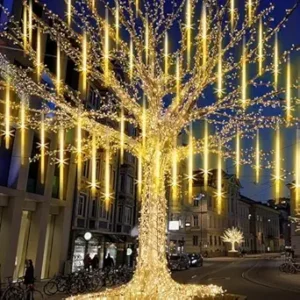 mos XERGY Meteor Lights 8 Tube 192 LED 14 Inch Waterproof Plug in Falling Rain Fairy String Lights for Halloween Christmas Holiday Party Home Patio Outdoor Decoration Tree Decorations, Warm White