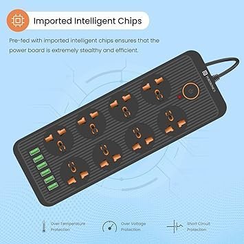 MOS Portronics Power Plate 7 with 6 USB Port + 8 Power Sockets Smart Electric Universal Extension Board Multi Plug with 2500W, 3Mtr Cord Length, 2.1A USB Output(Black), 250 Volts - Image 2