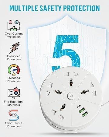 mos EMBOX Rotary Extension Board with USB C USB A Extension Board with Switches Universal Sockets LED Indicator-5 mtr Extension Cord, Multi Plug Socket with Safety Shutter(4 Sockets + 3USB Retractable) - Image 6