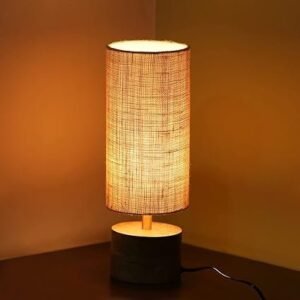 ExclusiveLane 'Volta' Mango Wooden Table Lamp for Bedroom (14 Inch, Linen & Wood, Without Bulb, Pack of 1) | CFL/LED Table Lamp for Living Room Decoration Bedside Lamp Bedside Table Lamps for Bedroom
