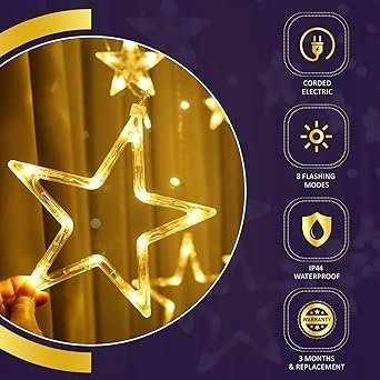 Lexton Star Curtain Light | 6 Big Star 6 Small Star Light | with 8 Flashing Modes | 12 Stars | Warm White | for Indoor & Outdoor DecorationsLexton Star Curtain Light | 6 Big Star 6 Small Star Light | with 8 Flashing Modes | 12 Stars | Warm White | for Indoor & Outdoor Decorations - Image 5