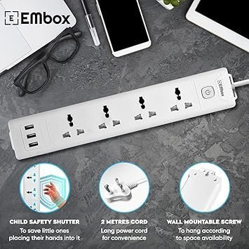 mos EMBOX Extension Board with USB (2.4 A) 3 USB Ports with Master Switch, Spike Guard, 6 amp Universal Sockets, LED Indicator and Safety Shutter, 3 Meter Extension Cord - Image 3