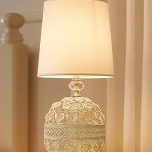 Modern Small Crystal Table Lamp,Contemporary Bedroom Bedside Nightstand Lamp,Morden Minimalist, Desk Globe Lamp for Living Room Girls Kids Room, White Fabric Shade (White)