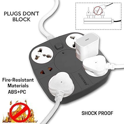 eSYSTEMS Extension Cord, 10A (6 Universal Socket) Multi Plug Point Strip Extension Board (Fire Flame Proof), (2 Meter Long Wire) (Non-USB Grey) - Image 4