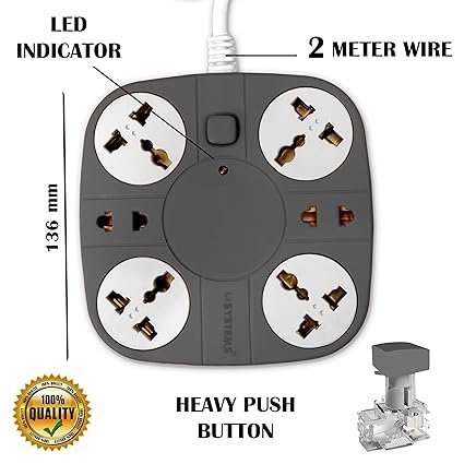 eSYSTEMS Extension Cord, 10A (6 Universal Socket) Multi Plug Point Strip Extension Board (Fire Flame Proof), (2 Meter Long Wire) (Non-USB Grey) - Image 5