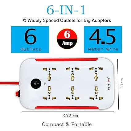 mos eSYSTEMS Extension Board, 6 Multi Plug Point Strip With Led Indicator, Master Switch & Universal Sockets Extension Cord, Short Circuit Protection (4.6 Meter) (White) (Cruze), 240 Volts - Image 4