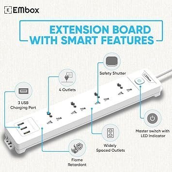 mos EMBOX Extension Board with USB (2.4 A) 3 USB Ports with Master Switch, Spike Guard, 6 amp Universal Sockets, LED Indicator and Safety Shutter, 3 Meter Extension Cord - Image 4