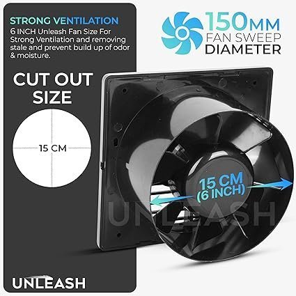Unleash Storm 6 inch(150MM) Cut Out Size 100% Copper Motor Exhaust Fan For Kitchen,Bathroom Ventilation Axial Fan, 2 years Warranty (Black) - Image 4
