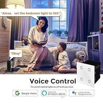 CONBRE SW4 Wi-Fi Smart Modular 4 Gang Touch Switch for Home automation, Energy Monitoring, remote control | Suitable for fan, light & 10A socket | Works with Alexa, google Assistance & Siri (White) - Image 2