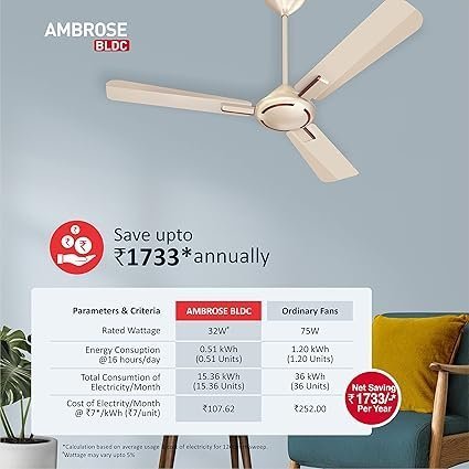 Havells 1200mm Ambrose BLDC Motor Ceiling Fan | Remote Controlled, High Air Delivery Fan | 5 Star Rated, Upto 60% Energy Saving, 2 Year Warranty - Image 3