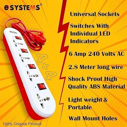 m eSYSTEMS 240 volts Extension Board, 4+4 Multi Plug Point Strip with LED Indicator, Individual Switches & Universal Sockets Extension Cord (2.8 Meter, White) - Image 3