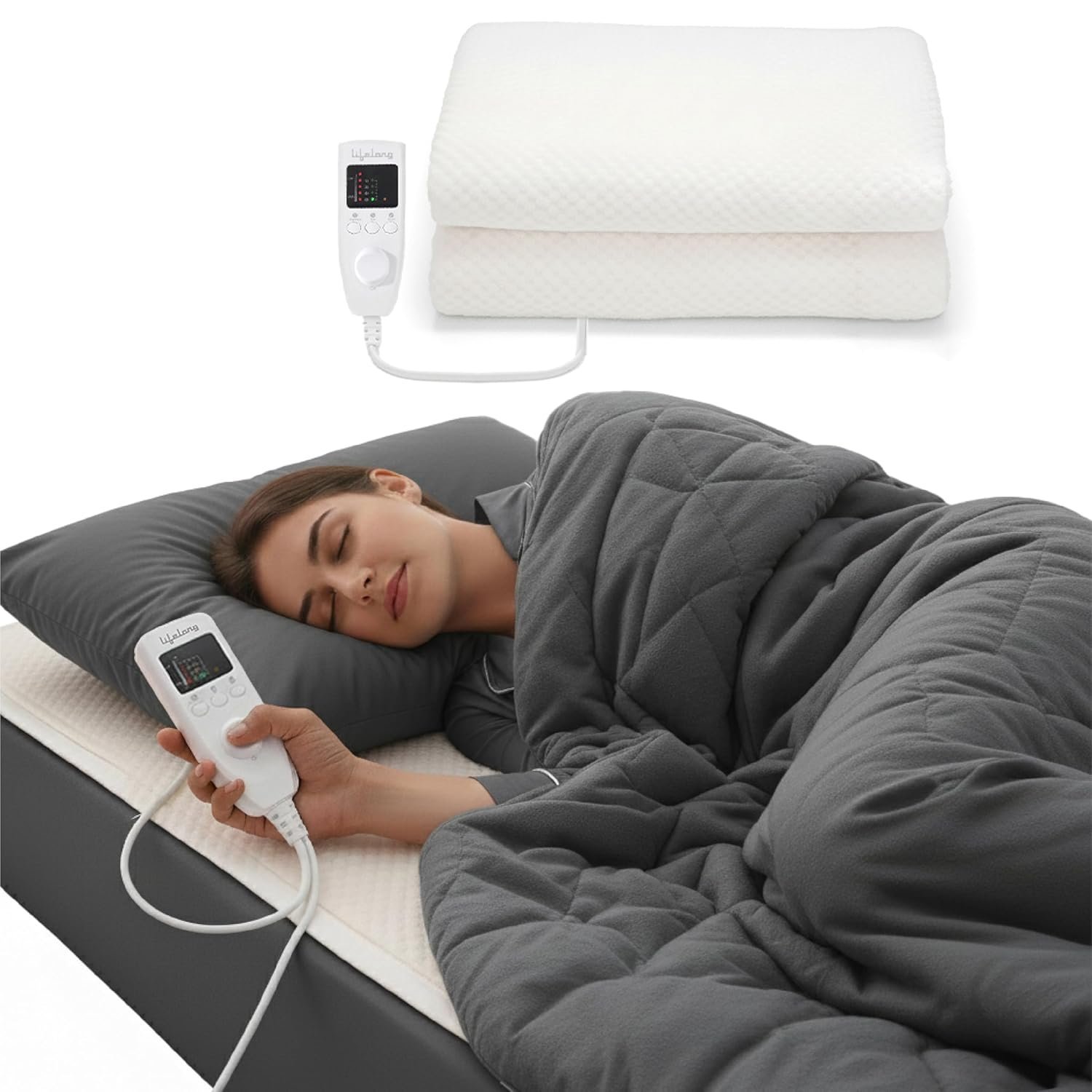Lifelong Electric Under Blanket for Double Bed (180 x 160 cm) | Soft Fleece | Safe Heating Blanket Bed Warmer | 1-5 Temp Level & 1-10 hrs Timer | Detach & Wash | Heats After You..(Pack of 3).